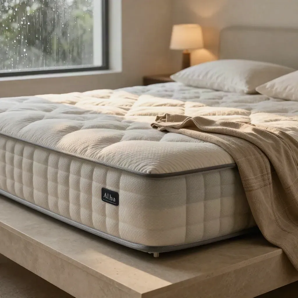 Materasso ergonomico con plaid, cuscino lombare e luce morbida su pietra chiara