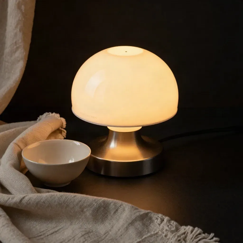 Lampada calda con ciotola in ceramica e tessuto arrotolato su fondo scuro.