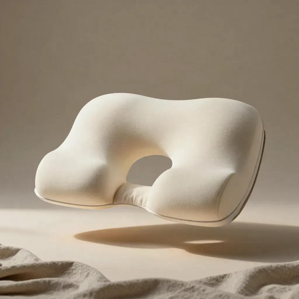 Cuscino memory foam sagomato con fodera chiara e rullo tortora su sfondo avorio.
