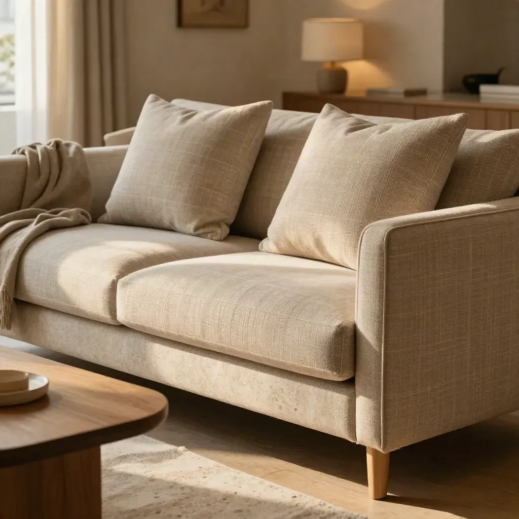 Divano chiaro con plaid e cuscini in una suite elegante, luce morbida e tavolino in legno.