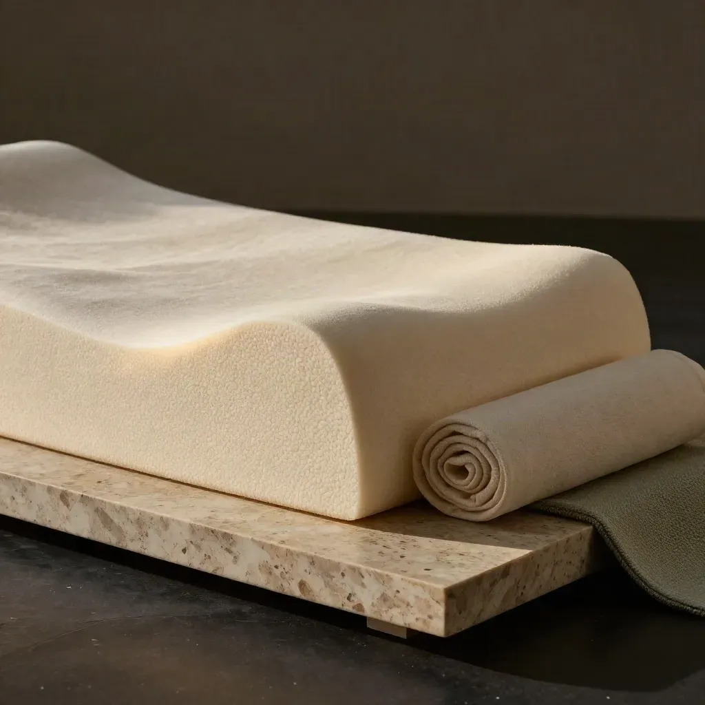 Topper ergonomico su travertino con lenzuolo arrotolato e cuscino basso, luce drammatica.