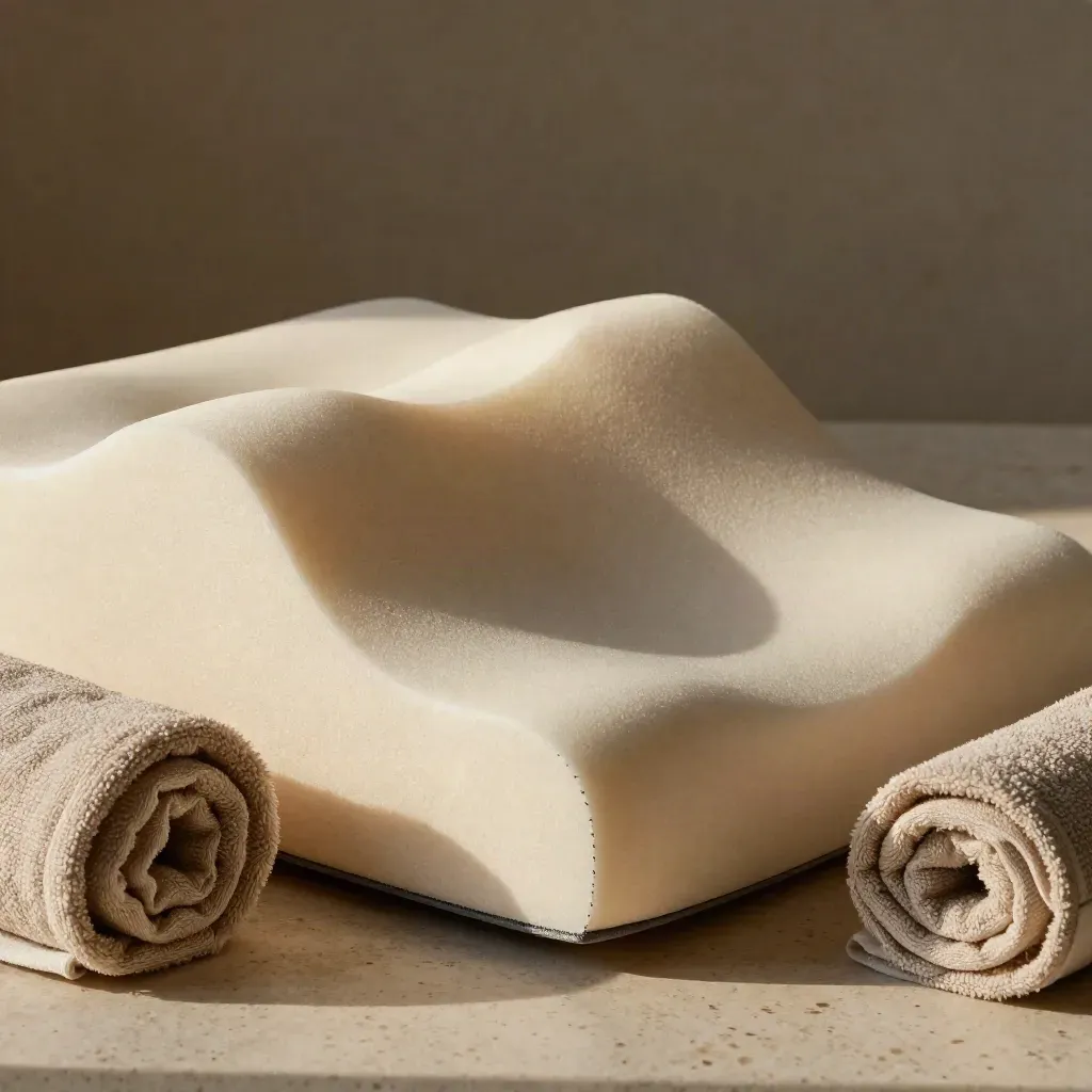 Cuscino cervicale in memory foam con asciugamano arrotolato su travertino, macro elegante.