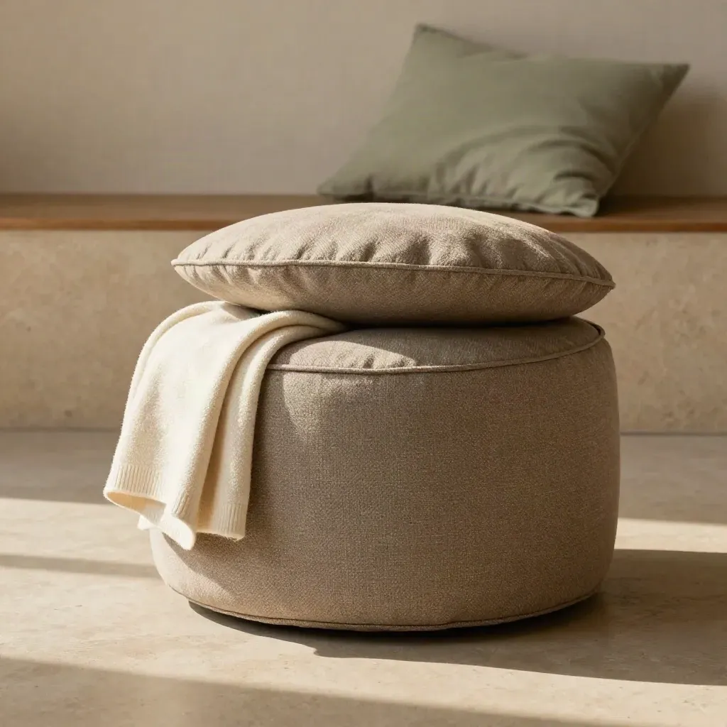 Pouf bouclé con coperchio socchiuso, coperta ripiegata e cuscino, scena domestica elegante.