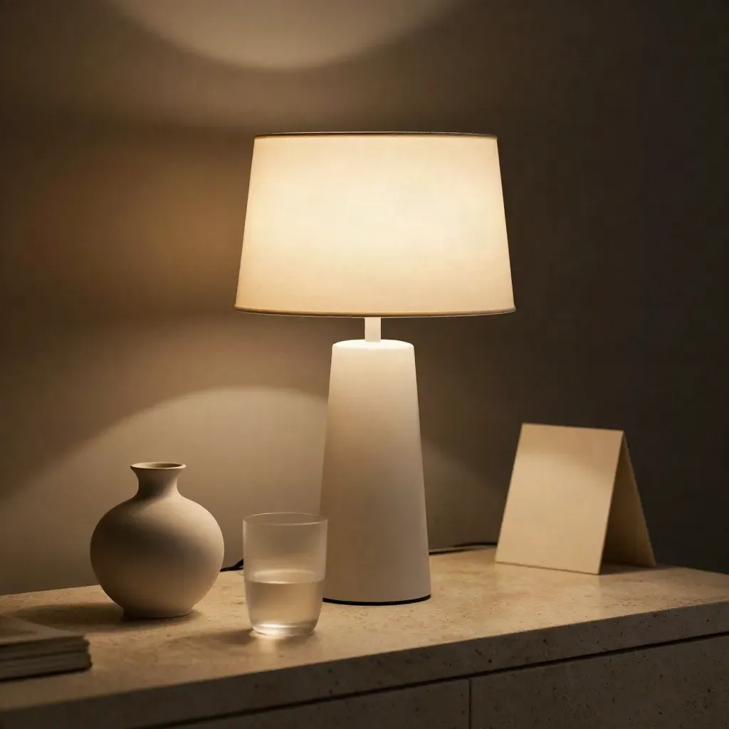 Lampada da tavolino su comodino in pietra con vaso in ceramica e bicchiere opaco, luce calda soffusa