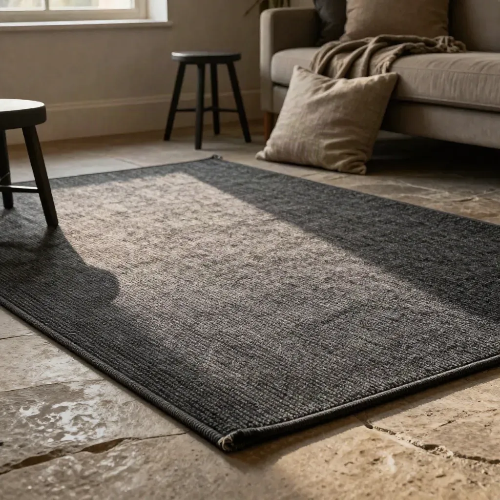 Tappeto antiscivolo su pavimento in pietra con sgabello basso e plaid in luce morbida