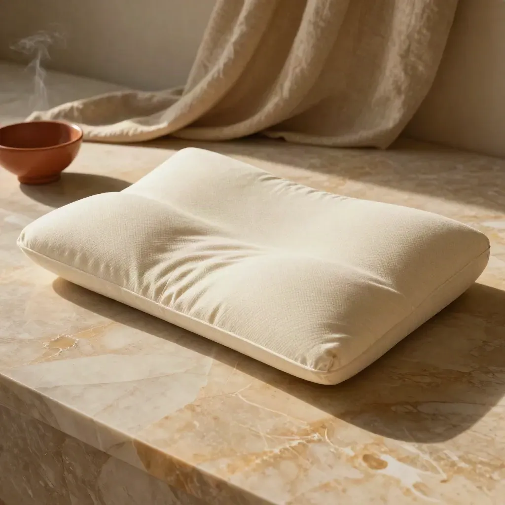 Cuscino memory foam su marmo caldo con lino e ciotola in ceramica, luce morbida.