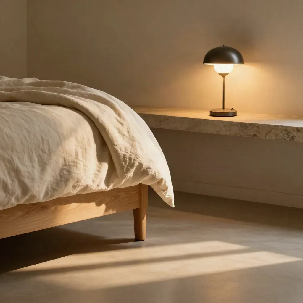 Suite luminosa con letto ordinato e lampada calda, spazio vuoto in basso per il testo.