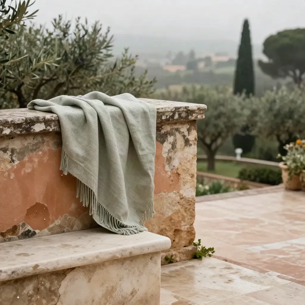 Terrazza mediterranea con plaid salvia, ulivi sfocati e muro in pietra dopo la pioggia.