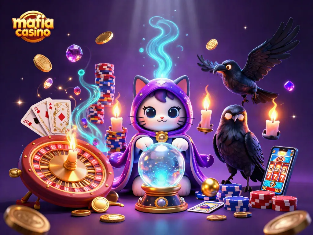 Experience a thrilling scene in mafia casino with a mystical fortune teller and dynamic gaming elements.